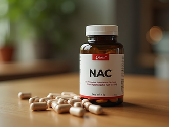 Amber bottle with white label of NAC supplements and capsules  scattered by its side on the table