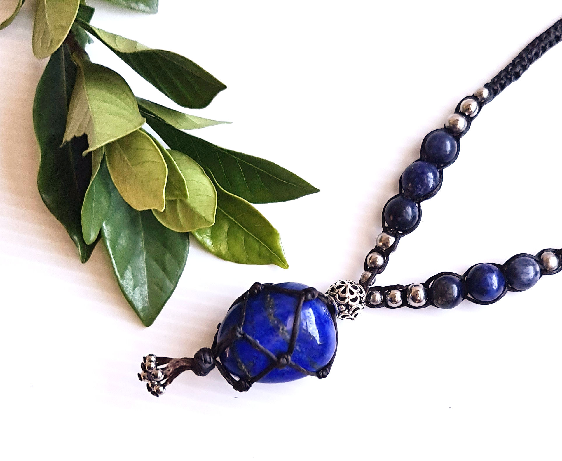 Handmade lapis lazuli macrame necklace with silver accents