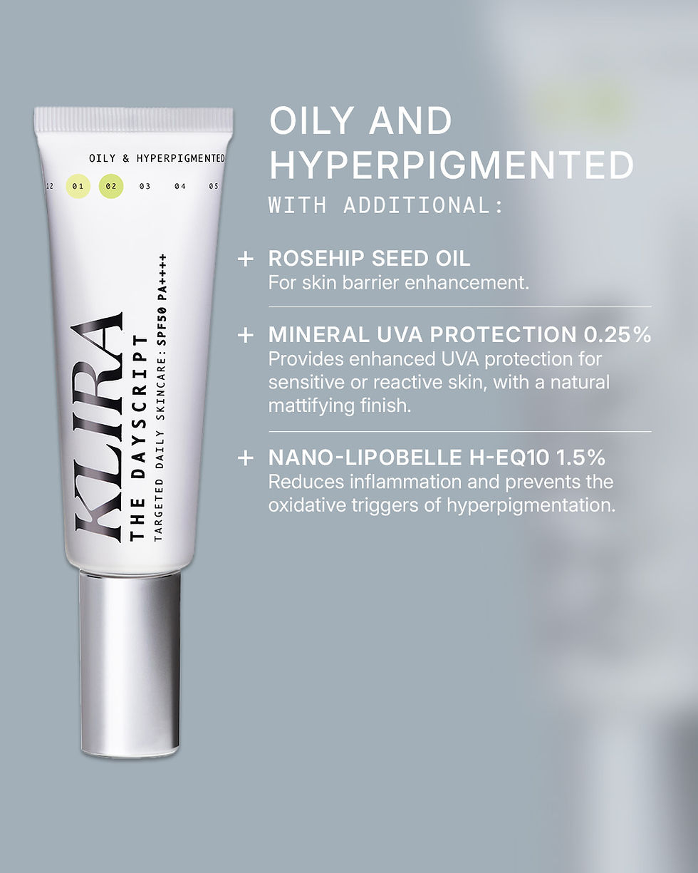Thumbnail: Klira DayScript SPF 50 PA++++ tube for oily, hyperpigmented skin shown on a soft grey background, with text highlighting adde