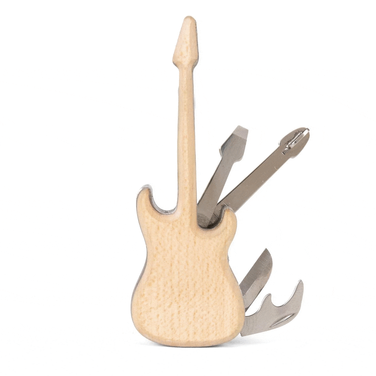 Wooden Guitar Shaped Pocket Multi Tool Opening up to reveal tools