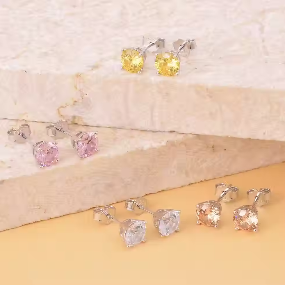 Thumbnail: Lustro Stella Finest Multi Color CZ Set of 4 Stud Sterling SilverEarrings, 10.00