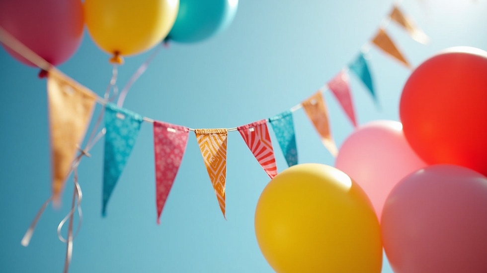 Eye-level view of a colorful birthday banner with balloons