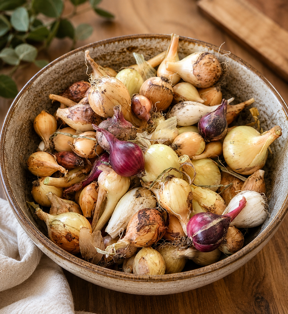 Rustic ceramic bowl filled with freshly harvested onions and shallots in shades of golden yellow, white, and deep purple resting on a warm wooden table in a cozy kitchen setting.