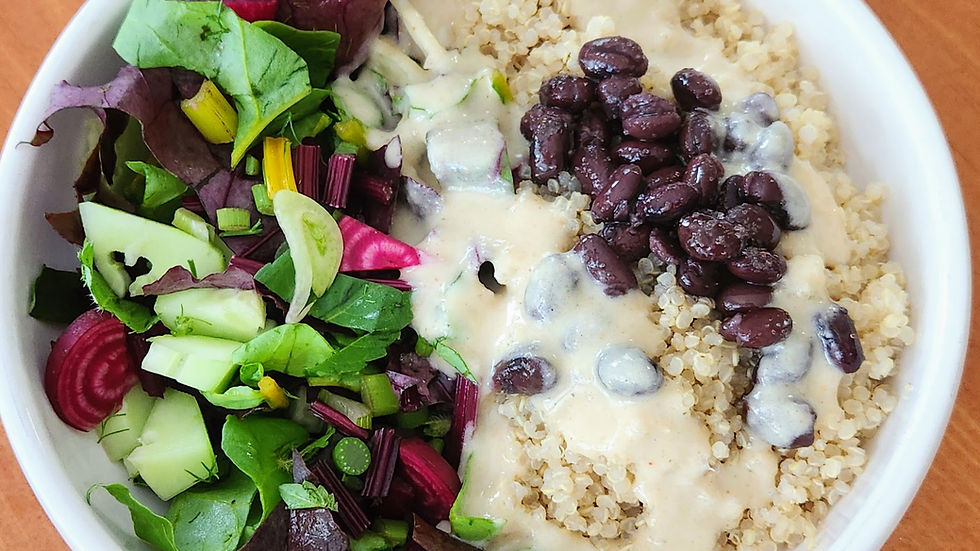 Beet, chards, and fennel buddha bowl with creamy tahini dressing.