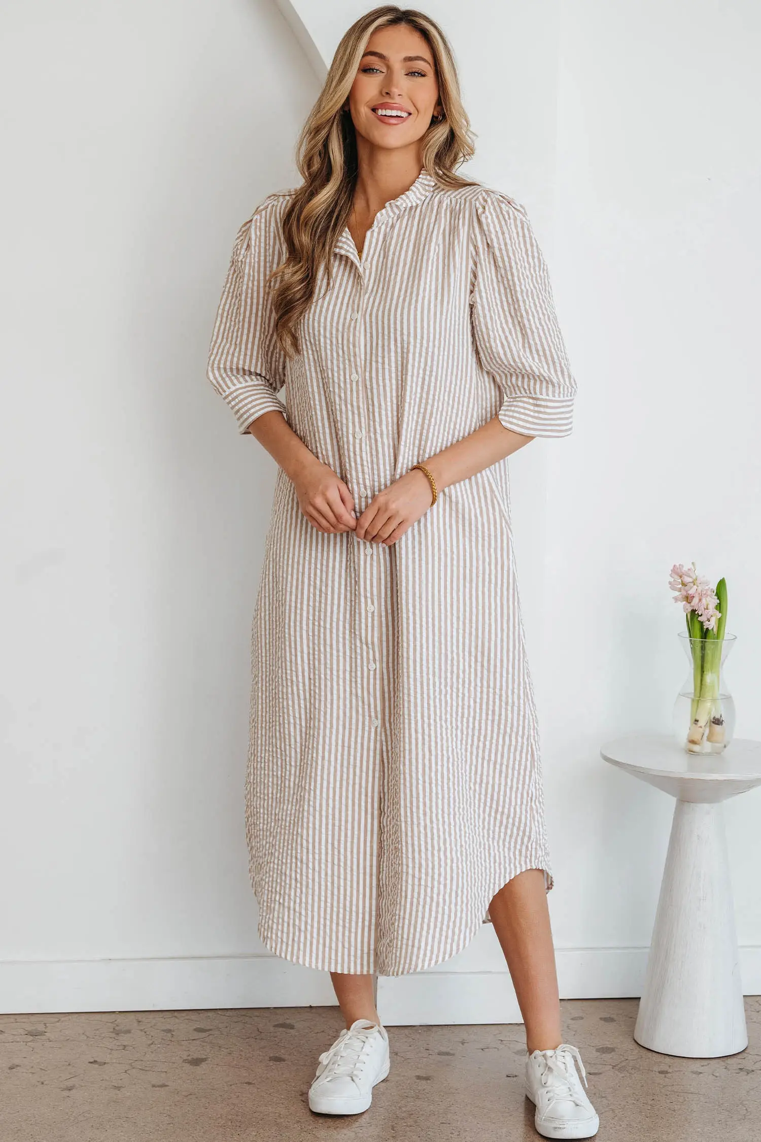 Ruffle Collar Khaki Stripe Shirt Dress