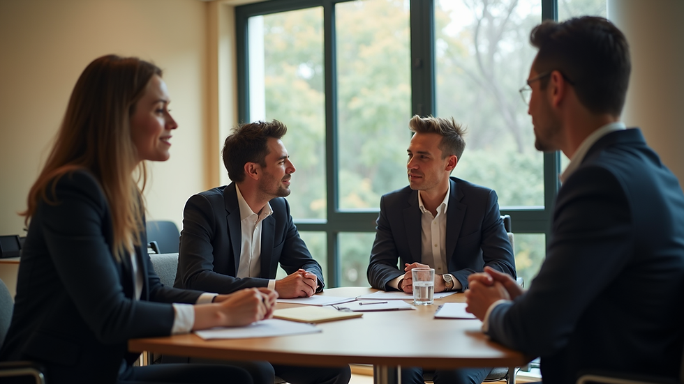 Eye-level view of a group of alumni engaging in a lively discussion