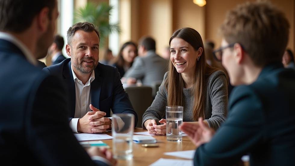 Eye-level view of a group of alumni engaging in a lively discussion at a networking event