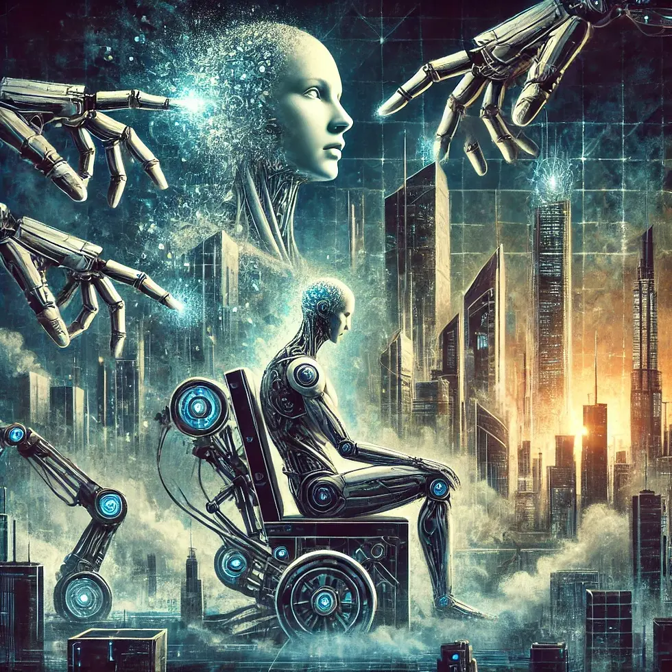 A futuristic city contrasts with a solitary figure manipulated by machines, symbolizing the loss of individuality and autonomy. The artwork highlights the tension between technological progress and human regression.