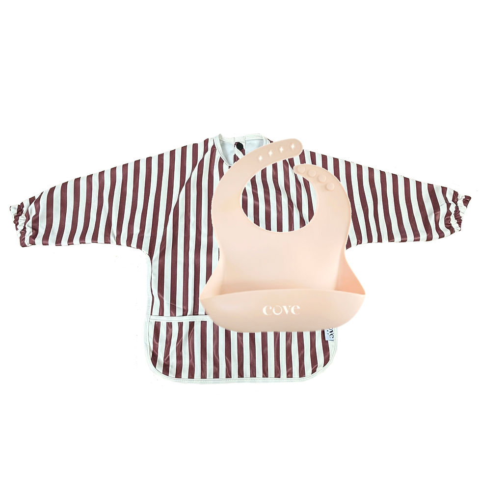 Thumbnail: A baby silicone bib and a striped long-sleeved bib. The silicone bib is a solid cream colour with the word "cove" printed on