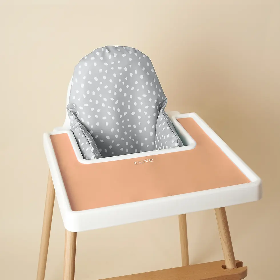 Thumbnail: A white spotted grey cushion in a high chair with an orange place mat in the tray