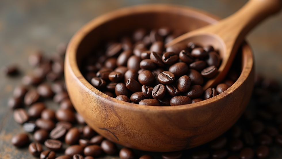 Close-up view of freshly roasted coffee beans in a wooden bowl