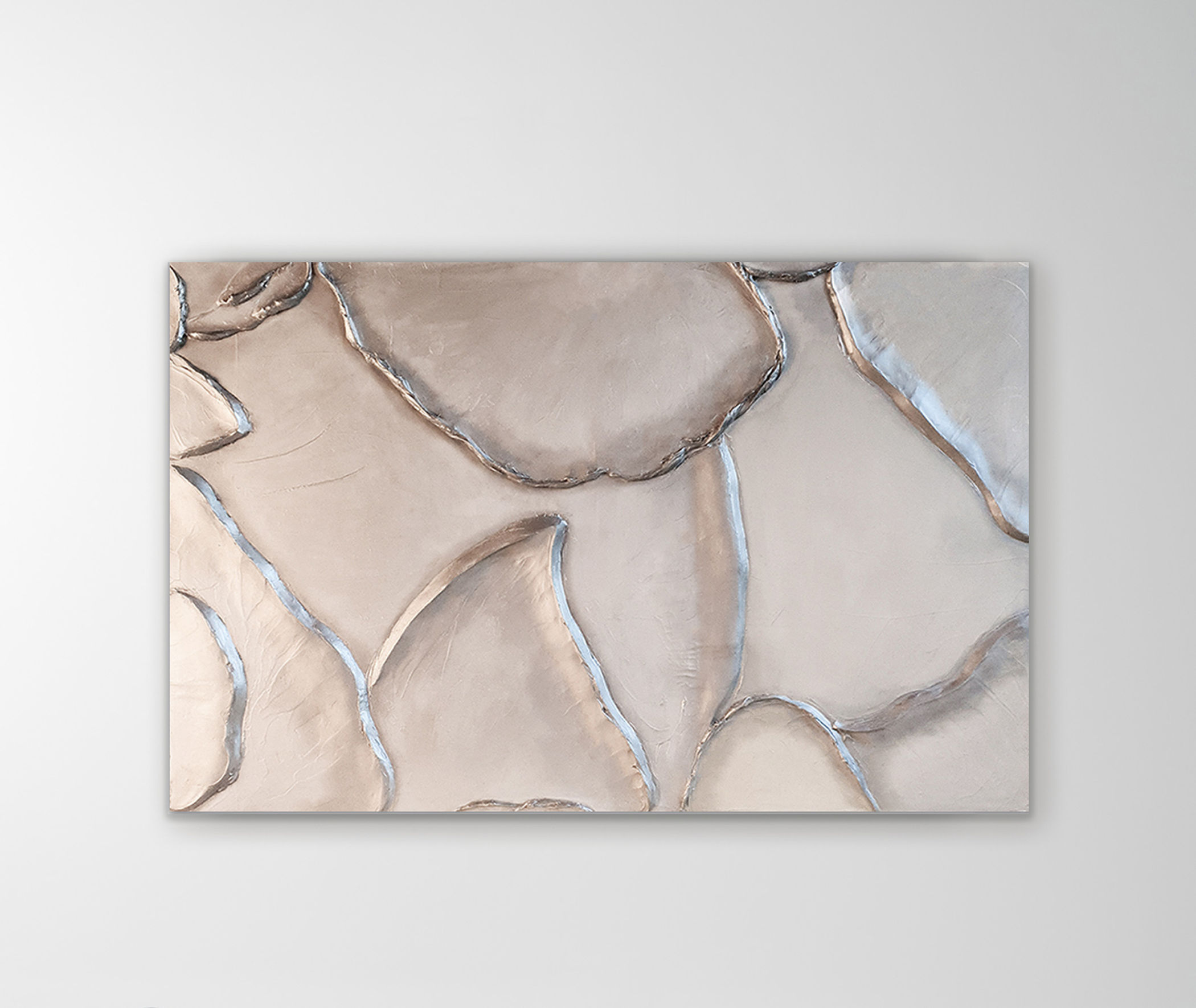 Abstract sculpture painting on canvas with iridescent colors, featuring silver light for a luxurious look.