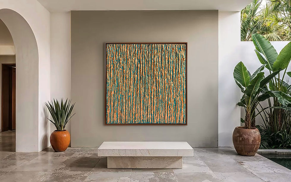 Luxury abstract textured painting on canvas with copper leaf and turquoise oxidation by Cristina Simeoni