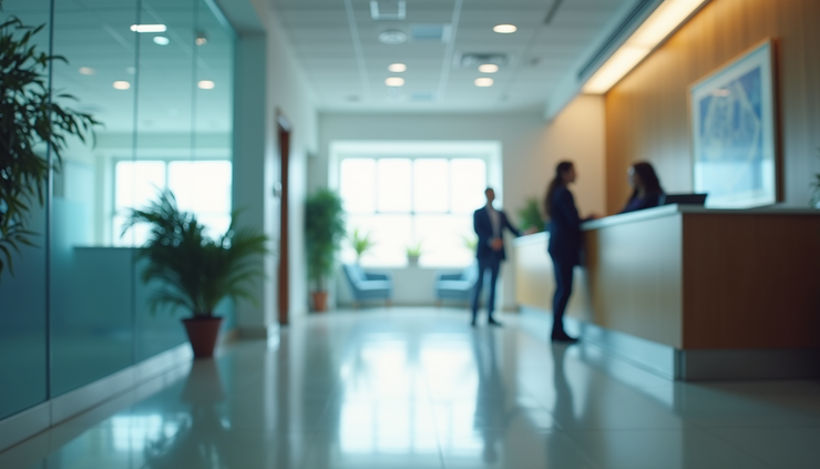Eye-level view of a medical clinic reception area with a visitor speaking to the receptionist