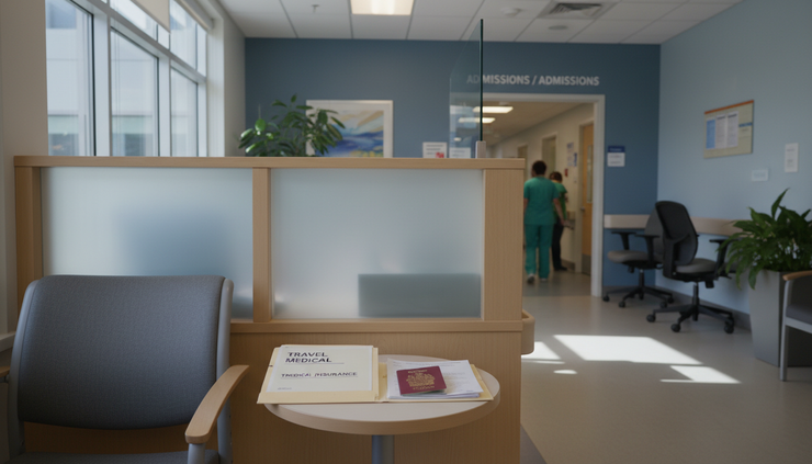 Eye-level view of a hospital admissions counter with travel insurance documents in a folder.