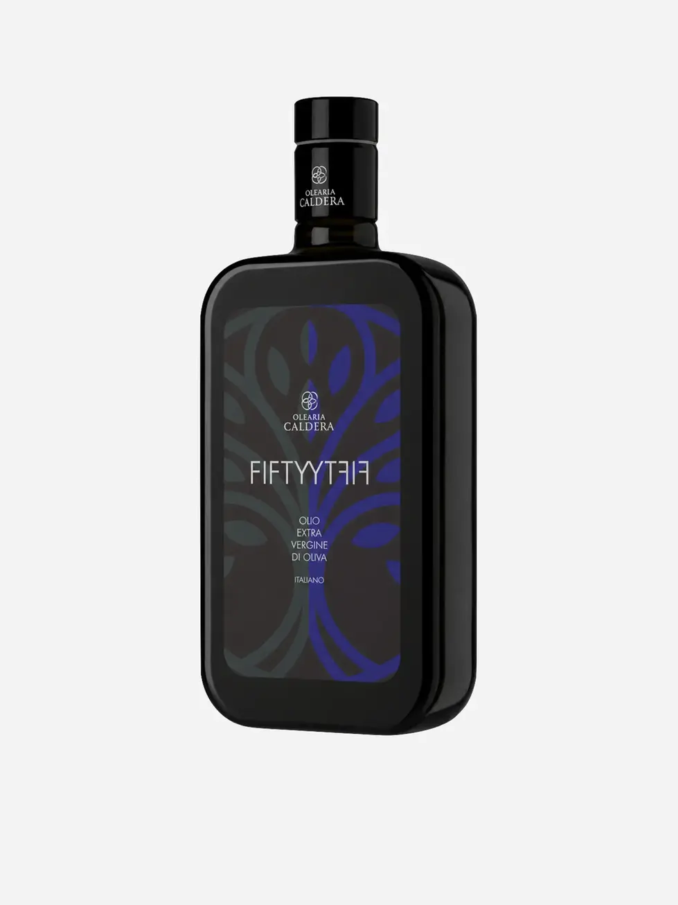 Olearia Caldera FiftyFifty Olivenöl – seitliche Ansicht 500 ml Glasflasche