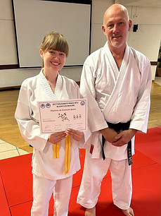 Christian Bessaguet, Wado Ryu karate teacher and his partner Daryna during his yellow belt exam