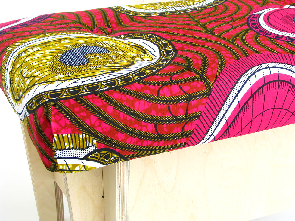 Wooden footstool with storage. African wax print upholstery