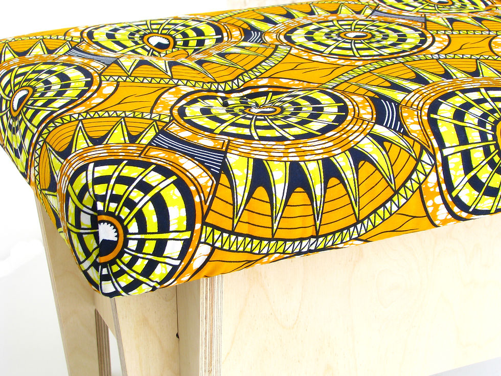 Wooden footstool with storage. African wax print upholstery