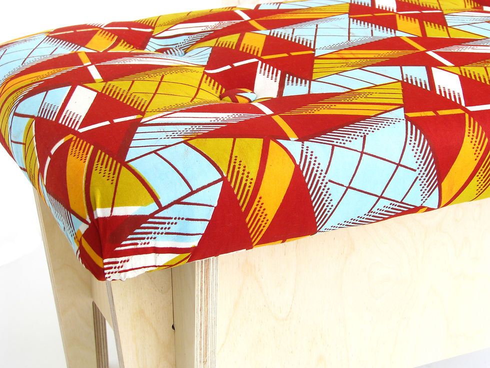 Wooden footstool with storage. African wax print upholstery