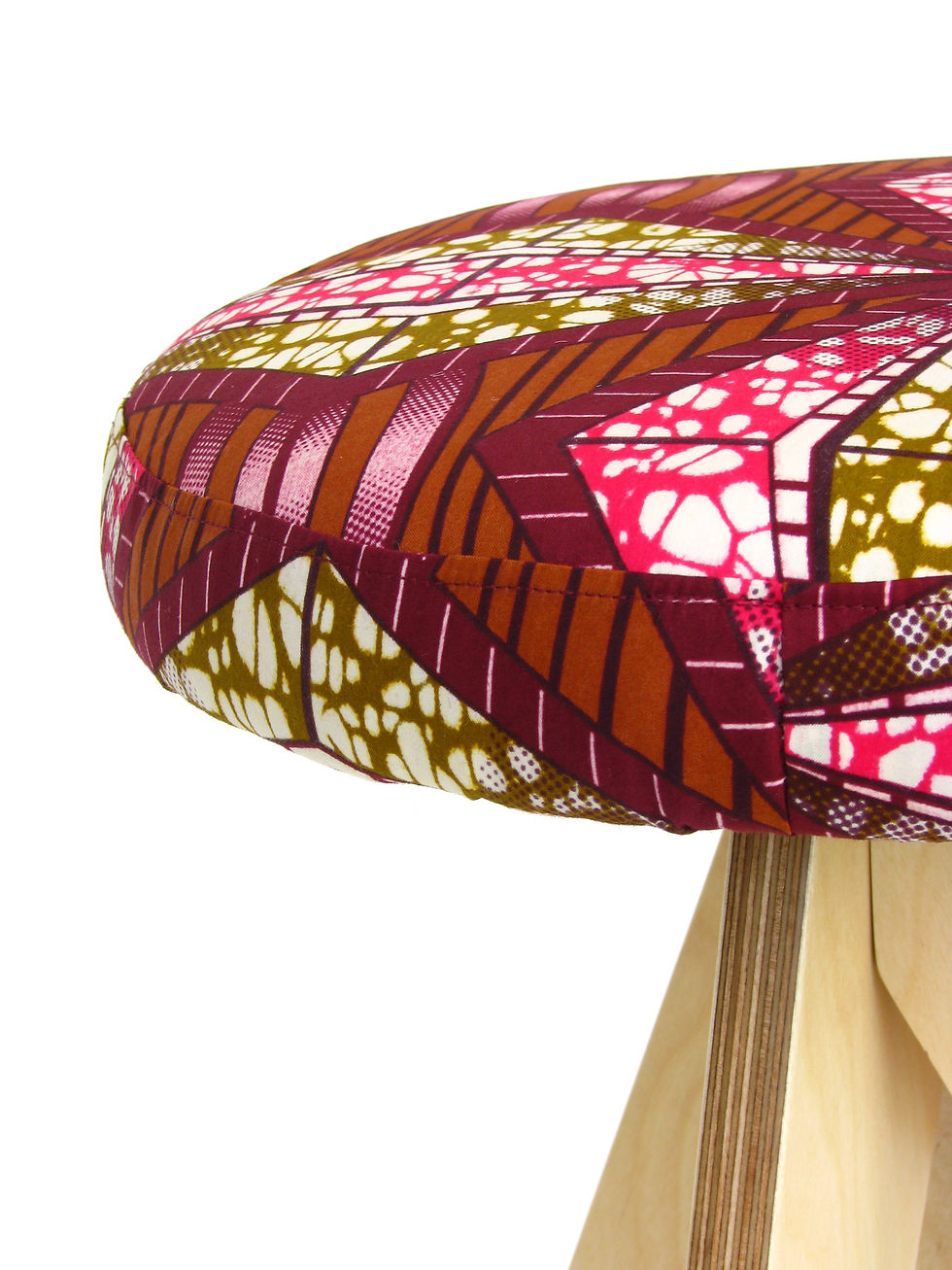 wooden stool with african wax print upholstery