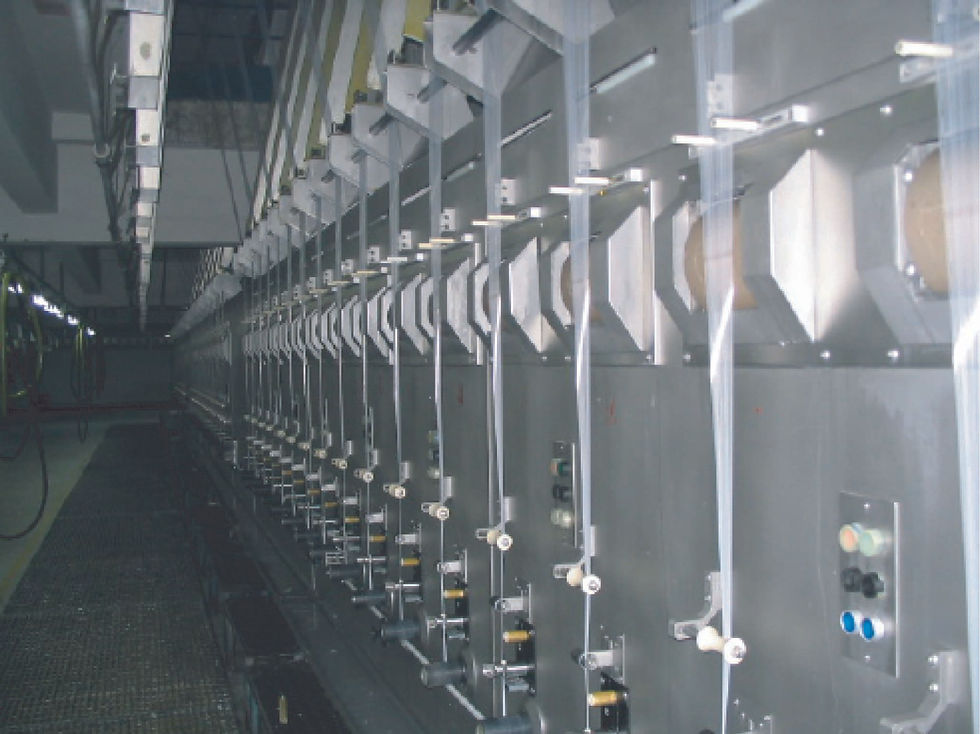 Advanced automated fiber drawing machine line for stretching high tensile strength macro synthetic fibers.