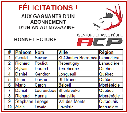 FÉLICITAIONS AUX GAGNANTS.