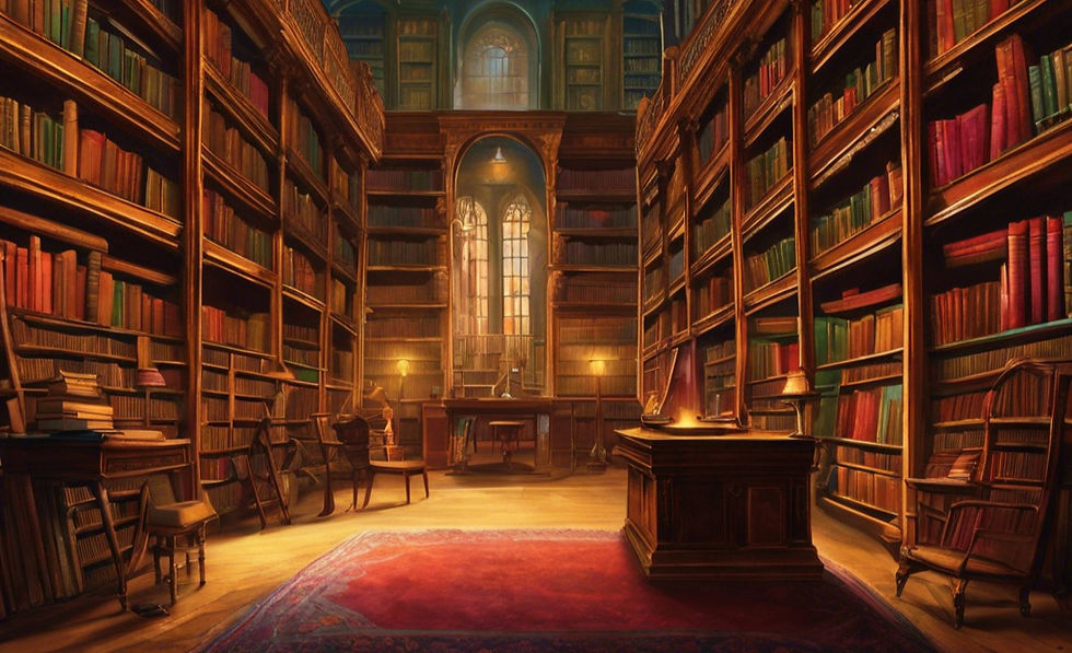 A vast, dimly lit library full of ancient, interesting, and colorful books.jpg