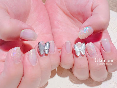 【高松市ネイル&マツエクサロン】オーロラ蝶々ネイル×まつ毛ケアトリートメントカール