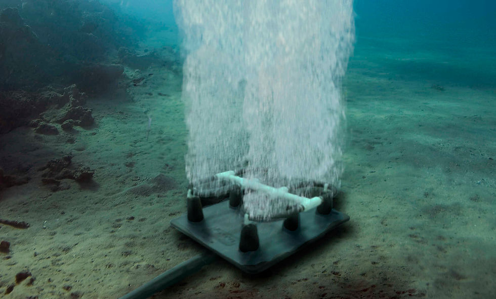 "Underwater view of a bottom pond aerator releasing streams of bubbles from a diffuser plate on the pond floor."