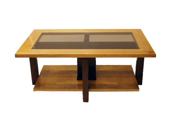 Wooden coffee table with glass inlay and shelf.