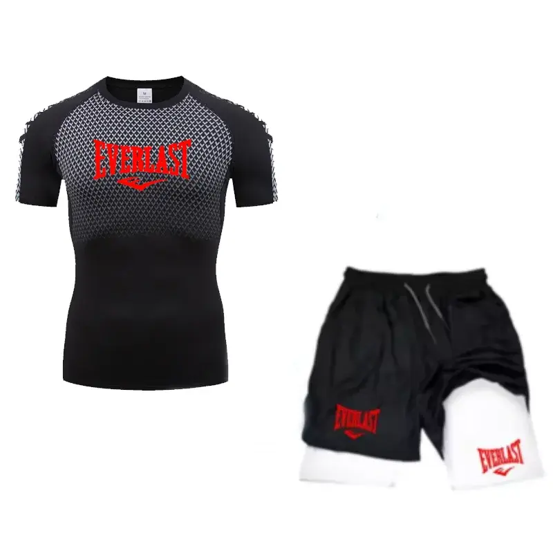 Miniature : EVERLAST Men's Compress Shirt + 2-in-1 sports shorts 2pcs Set Leisure Breath Sho