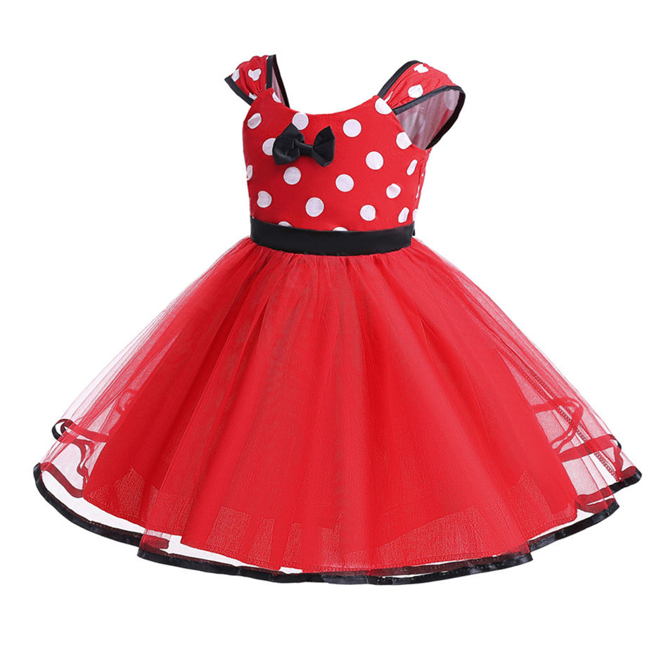 Miniature : Disney Minnie Mouse Polka Dot Dress Girls Pink Red Summer Clothes Children Birth