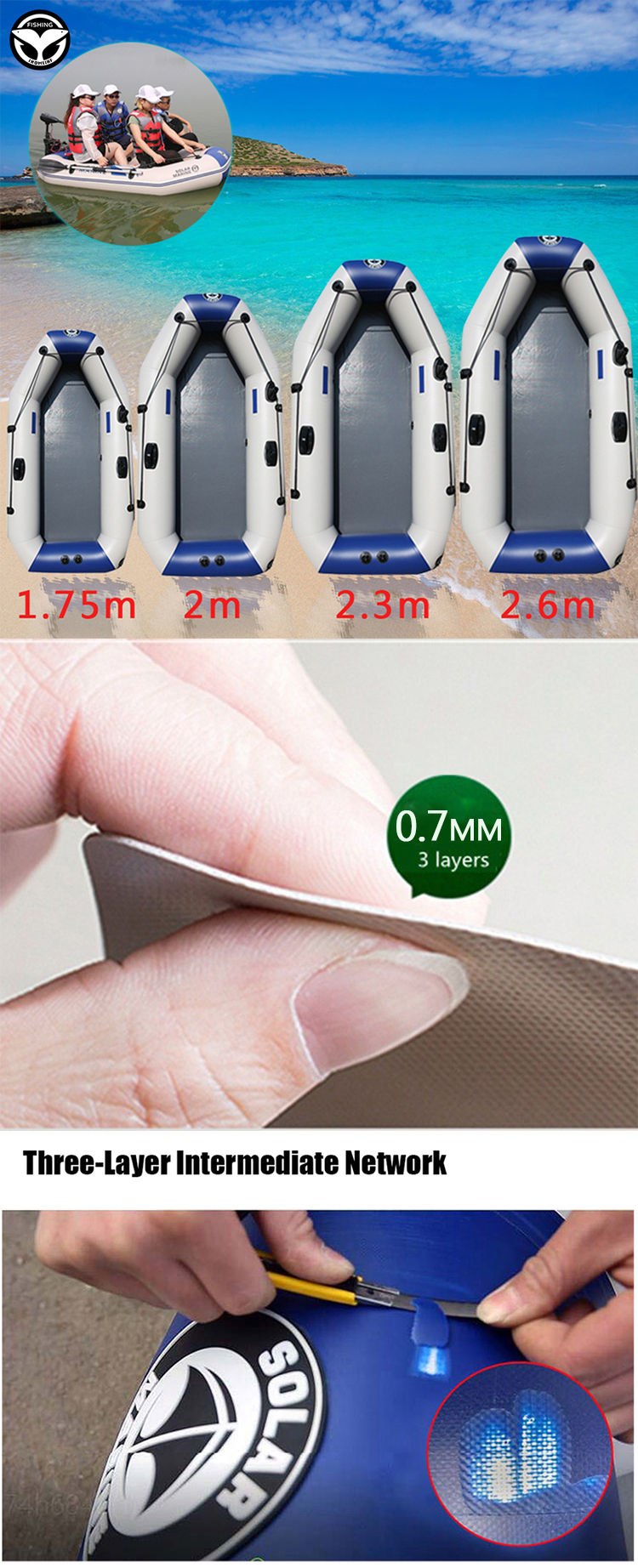 Miniature : 175-260cm Inflatable Boat Fishing Kayak PVC Wear-resistant Foldable Air Rowing f