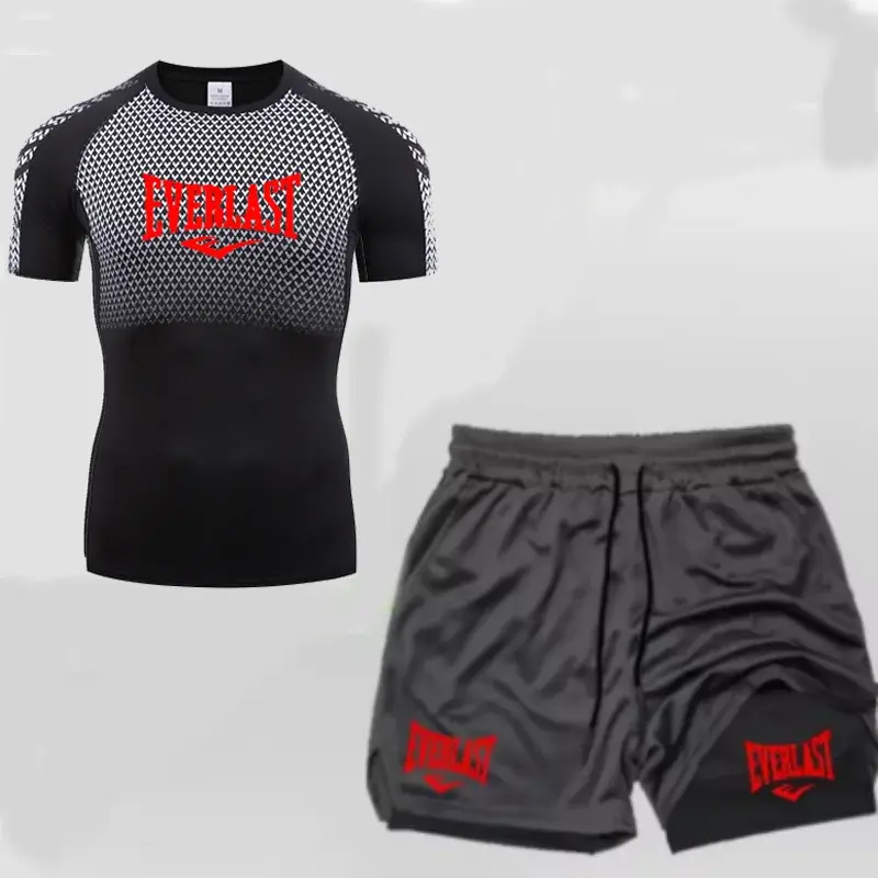 Miniature : EVERLAST Men's Compress Shirt + 2-in-1 sports shorts 2pcs Set Leisure Breath Sho