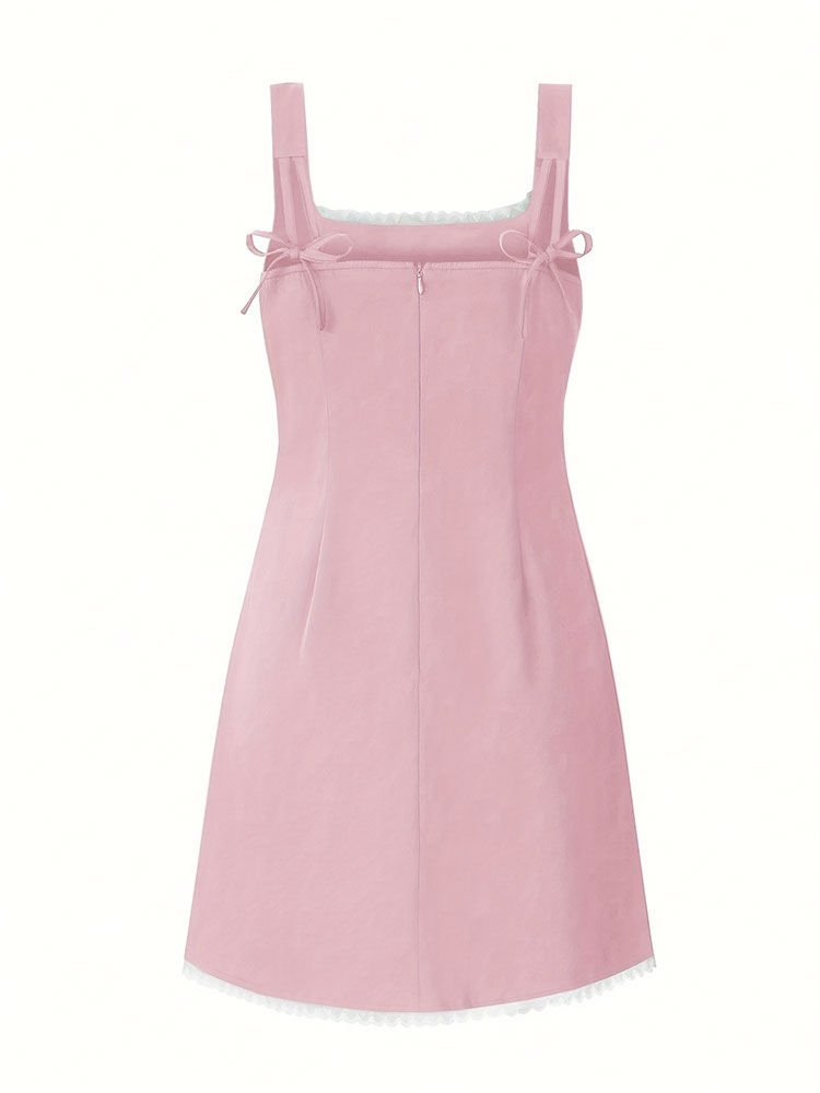 Miniature : New Pink Beach Sexy Suspender Dress With Bow And Lace Dopamine Mini Skirt Slim F