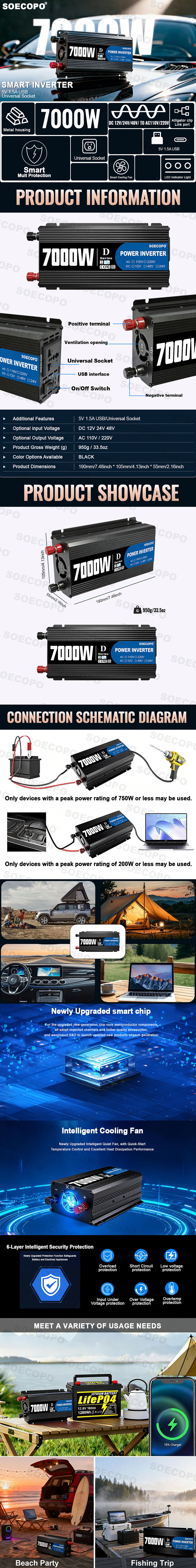 Miniature : Car Inverter 6000W-10000W DC 12V 24V To AC 110V 60Hz Vehicle Power Converter wit