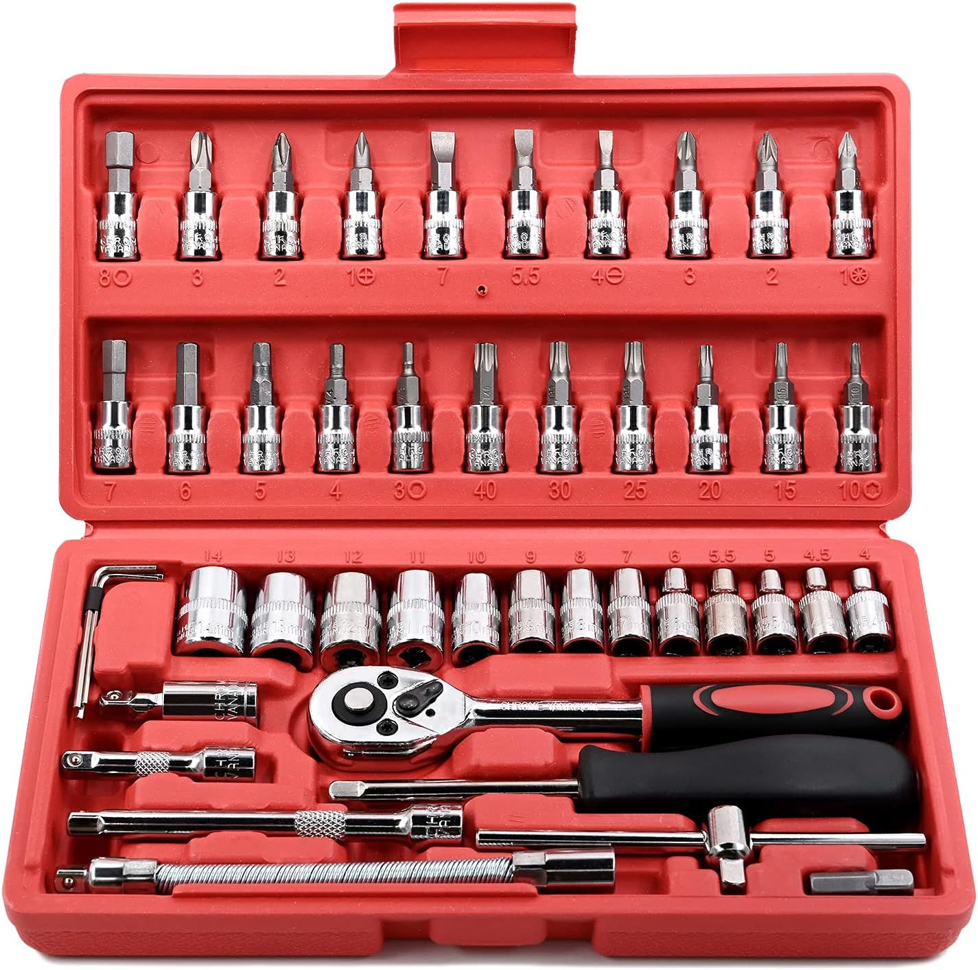 FOCSE 46 Pieces 1/4 Inch Drive Socket Ratchet Wrench Set, With Bit Socket Set, M