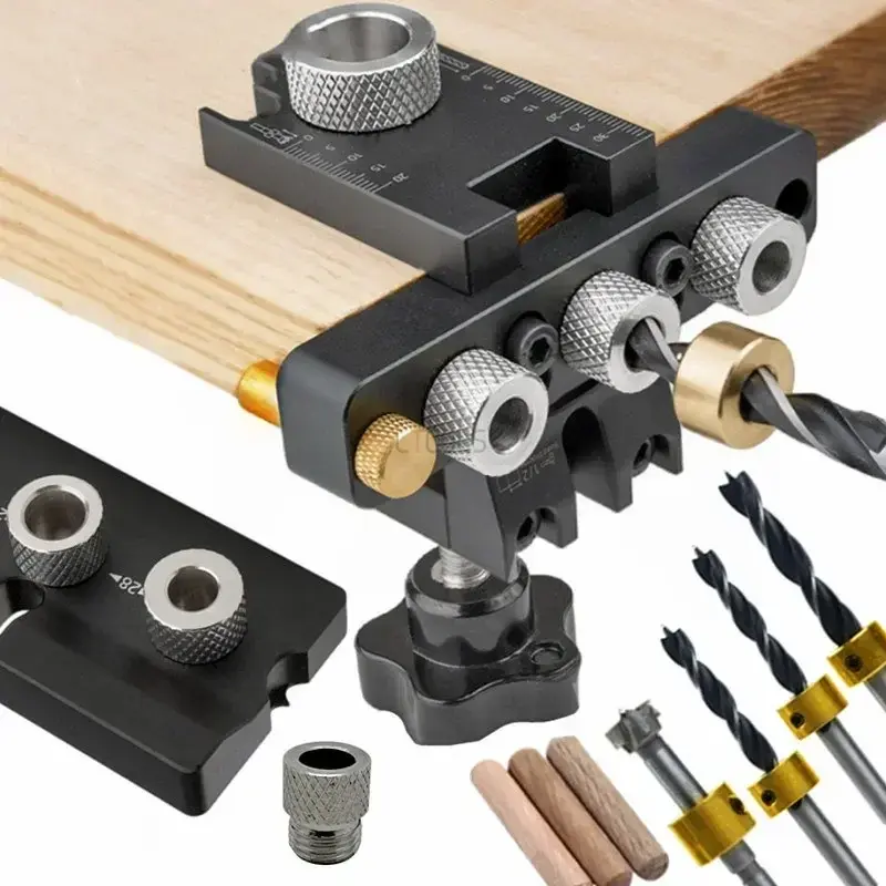 Miniature : Adjustable Doweling Jig Woodworking Pocket 3 in 1 Hole Jig 8MM 10MM Bushes Drill