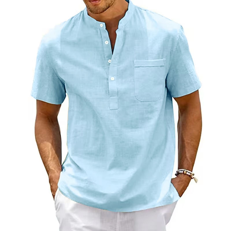 Miniature : Summer Men's Cotton Short Sleeve T-shirt Solid Color Stand Collar Loose Pullover