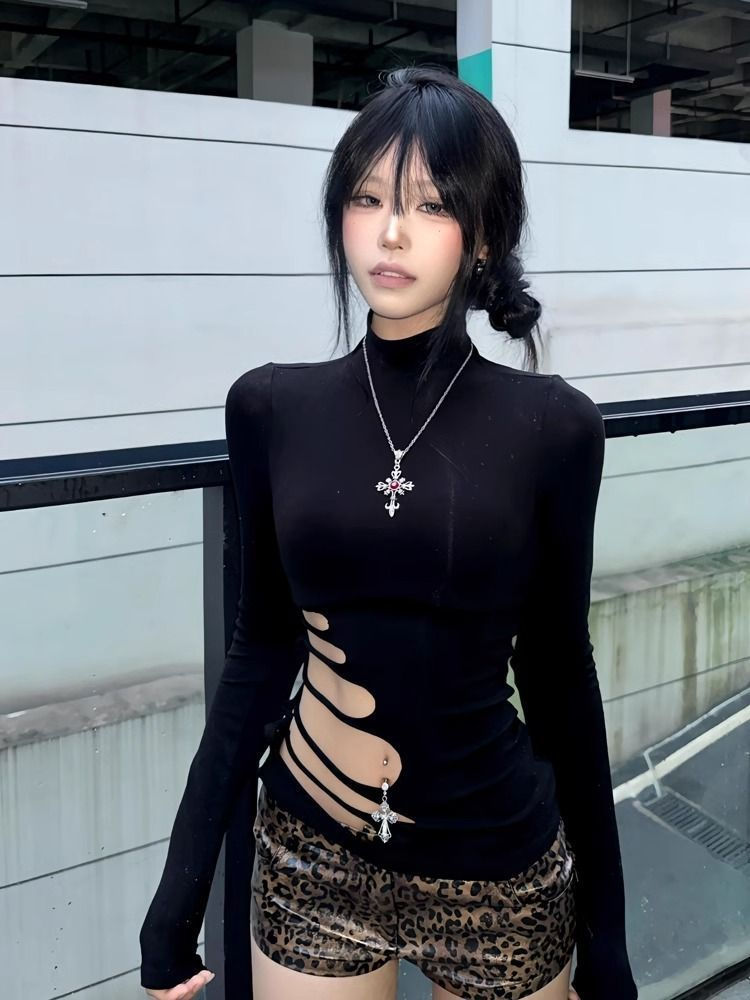 Miniature : Erwofeina Hotsweet T-shirt Hollow Out Slim Long Sleeve 2000s Clothes Y2k Korean 