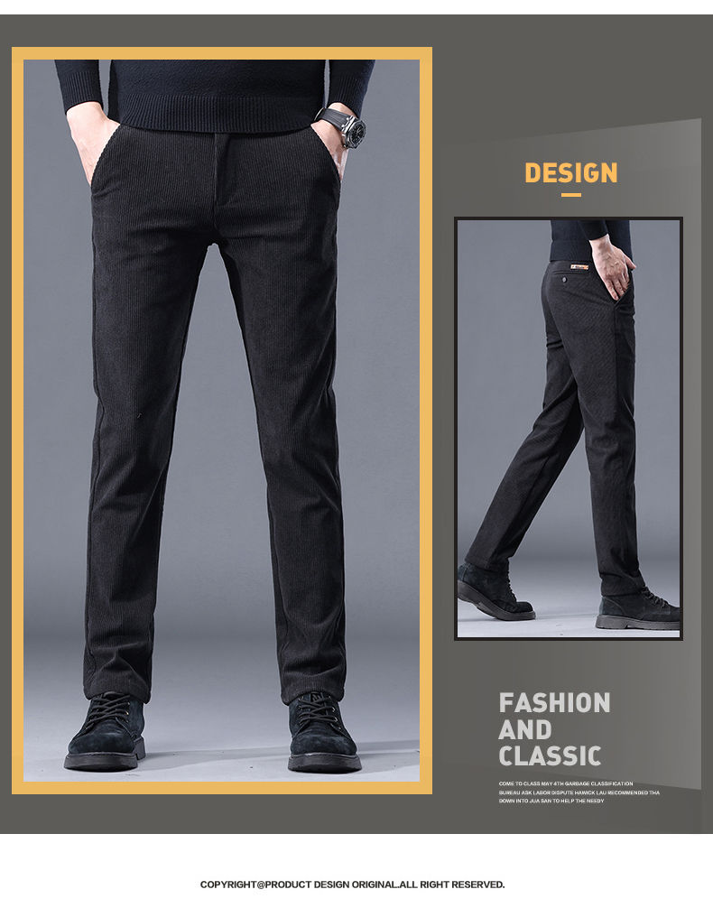 Miniature : Khaki Black Gray Fleece Men's Corduroy Casual Pants Chenille Thick Stretch Busin