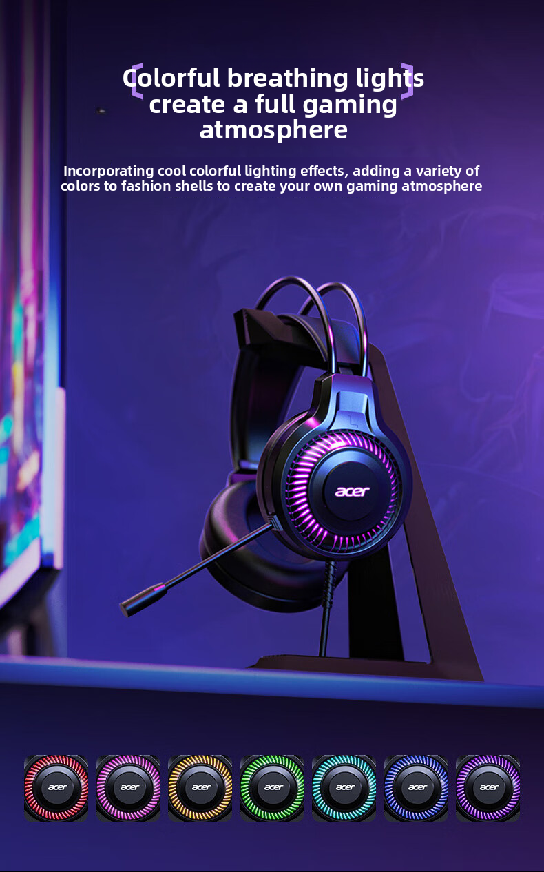 Miniature : Acer Gaming Headphones with Mic 7.1 Stereo Virtual Surround LED Light Bass Earph