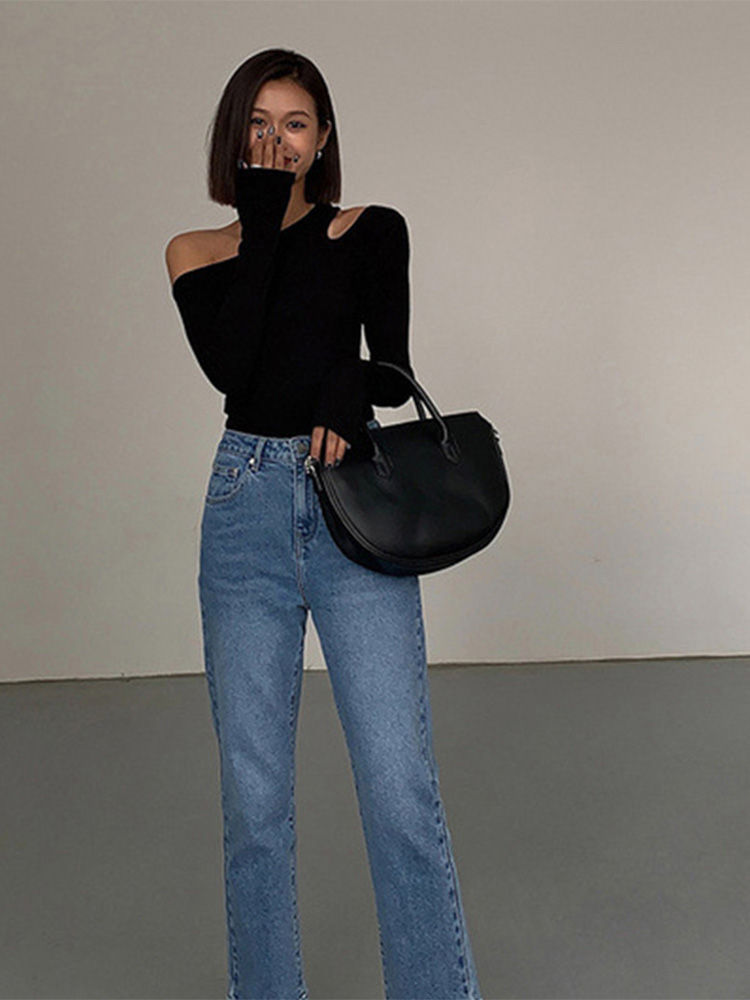 Miniature : Fashion Skew Collar Off-shoulder Long-sleeved T-shirts Women Spring 2024 New Sol