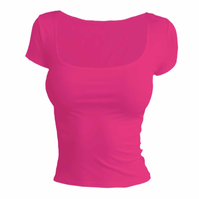 Miniature : Short Sleeve T-shirt for Women Summer 2026 Solid Color Elastic Square-cut Collar