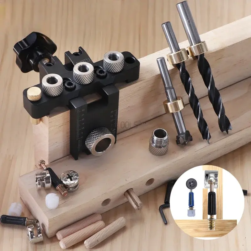 Miniature : Adjustable Doweling Jig Woodworking Pocket 3 in 1 Hole Jig 8MM 10MM Bushes Drill