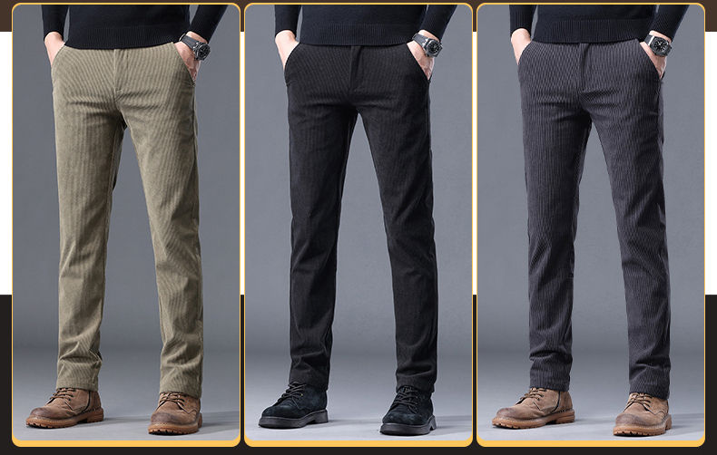 Miniature : Khaki Black Gray Fleece Men's Corduroy Casual Pants Chenille Thick Stretch Busin
