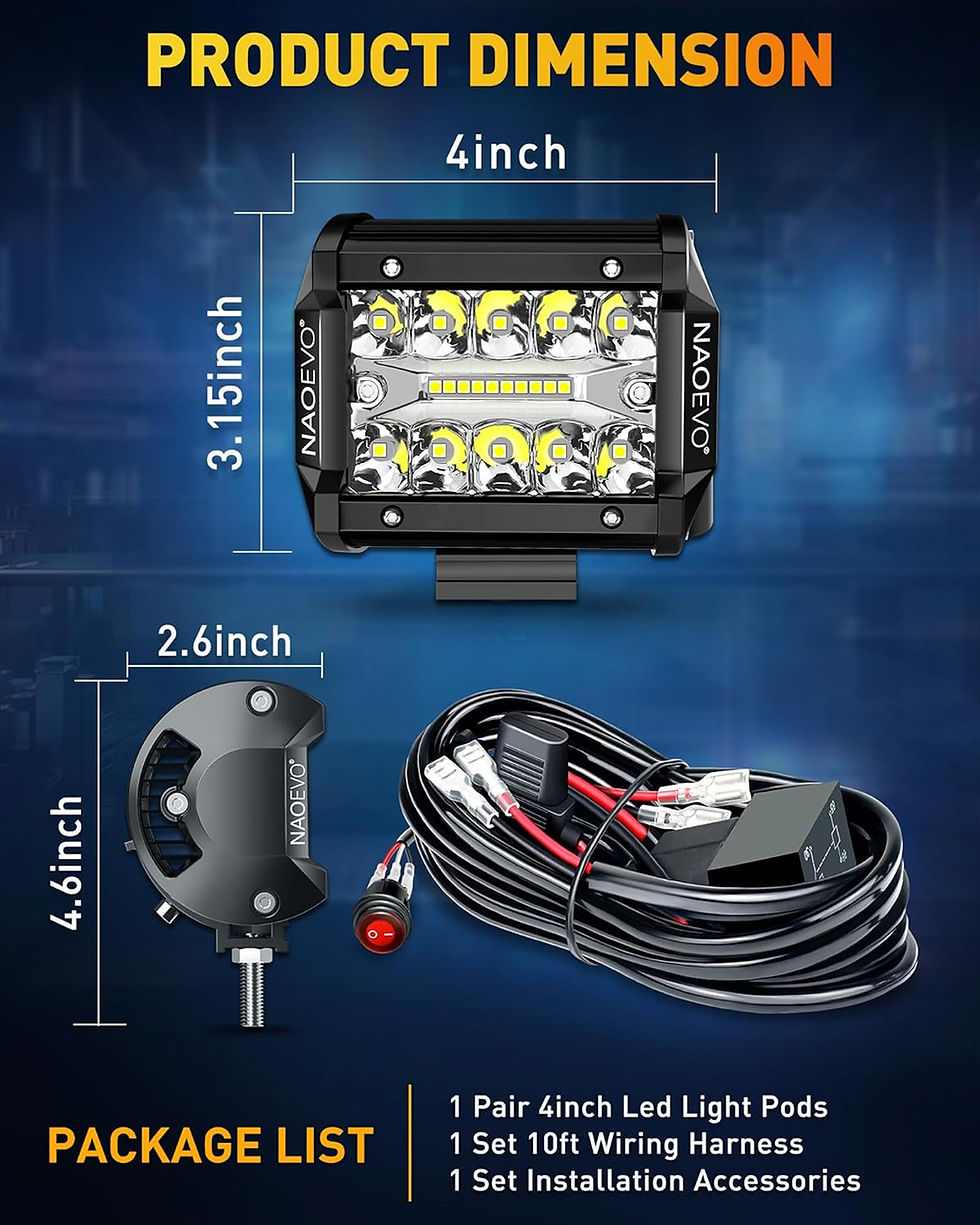 Miniature : NAOEVO 4 Inch 2Pcs LED Pod Lights Spot Flood Combo LED Fog Driving 4x4 Off Road 
