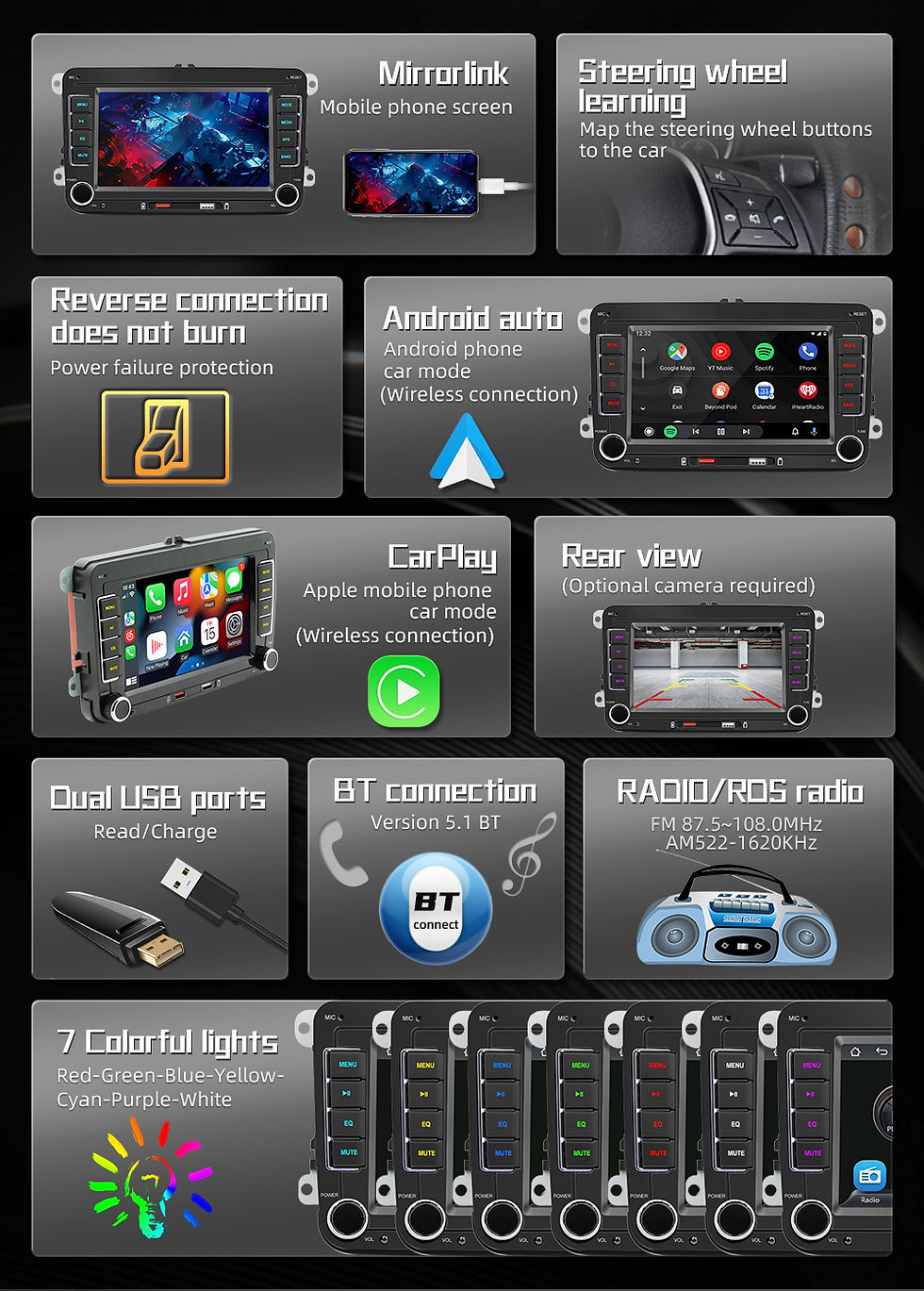 Miniature : BQCC 7" HD Car MP5 Player FM BT Colorful lights RDS Radio Mirrorlink USB chargin