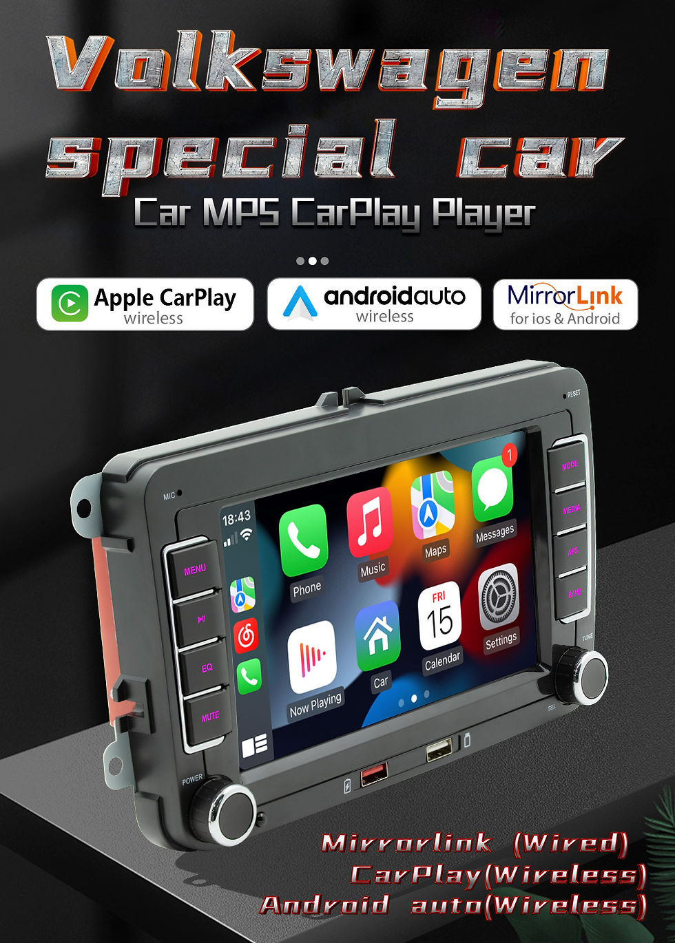 Miniature : BQCC 7" HD Car MP5 Player FM BT Colorful lights RDS Radio Mirrorlink USB chargin